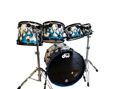 DW Collectors Series Maple Drum Set Retro Blue Flames With Hard Cases • $6900