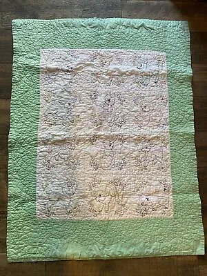 Vintage Baby Quilt Handmade Embroidered Animals Green Borders 32”x 40” • $24.90