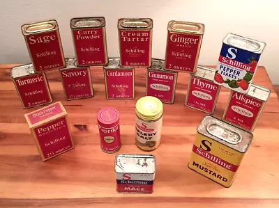 GREAT LOT 16 VINTAGE SCHILLING & Co. McCormick SPICE TINS BOX BOTTLE SHAKERS • $29