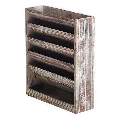 5 Slot Rustic Torched Wood Document Filing Organizer Wall Mounted Magazine Rack • $44.99