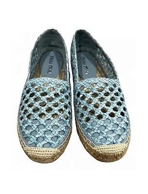 Brand New Miu Miu Size 37/7 Turquoise Woven Espadrilles Flats • $215.95