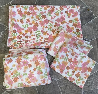 Flowers FULL SIZE Sheets Set VINTAGE Muslin PERMA PREST Fitted Flat Pillowcases • $26.99