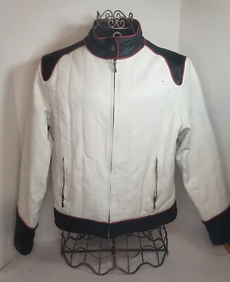 Vintage Genuine Leather Man  Motocross Motorcycle Jacket Black White  & Red XL • $35