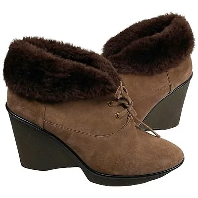 B. Makowsky Nellie Mens Size 8.5 Brown Suede Lace-up Faux Fur Trim Wedge Boots • $34.32