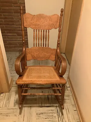 Large Antique Spindle & Pressed Back Caned Seat Refinished Golden Oak Rocker • $425