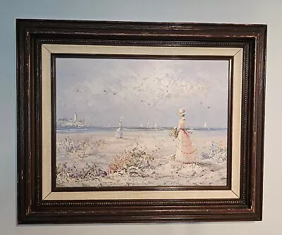 Marie Charlot Vintage Oil  Painting-Signed- Victorian Ladies On Beach 16 X12  • $99