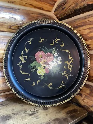Vintage Hand Painted Round Floral Metal - Tray - Reticulated Edge - 19” - Heavy • $79.99