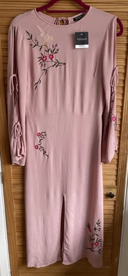 £9.50 • Buy (B2) Topshop Pink Embroidered Dress With Open Tie Sleeves, Size 10, BNWT