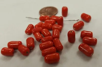 24 VINTAGE HANDMADE GLASS RED CORAL SWIRL 9x5mm. OVAL TUBE BEADS 2115 • $1.87