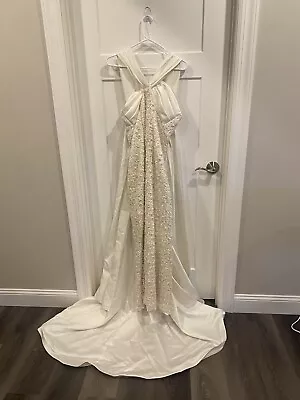 Vintage 1990s Wedding Dress Sz 10 Train Beads Sequins Rose White / Ivory Train • $399.99