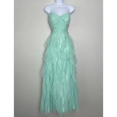 Masquerade Teal Studded Tulle Sleeveless Prom Formal Cascade Maxi Dress 9 • $59.99