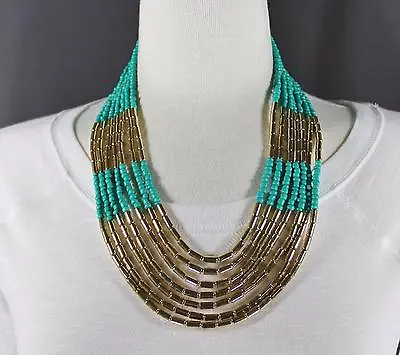 $13.99 • Buy Turquoise Gold 7-strand Layered Bib Beaded Necklace Statement Piece