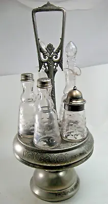 VTG Middletown Quadruple Co Rotating Condiment Server Glass & Silverplate Etched • $60