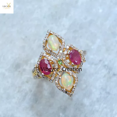 Pave Diamond Multi Gemstone Ring 925 Sterling Silver Handmade Jewelry  For Her • $106.56