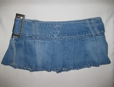 Shein Low Rise Pleated Belted W/slit Denim Micro Mini Skirt XS S M Blue Nip Y2K • $28.50