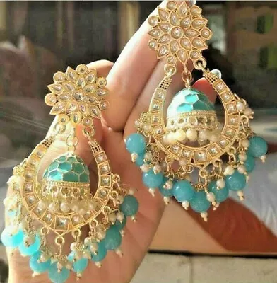 Bollywood Style Gold Plated Indian Enameled Kundan Blue Jhumka Earrings Set • $39