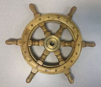 EUC VTG Wooden Brass SHIP’S WHEEL 16” Wall Art Decoration Design Sea Captain • $29.95