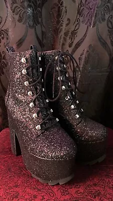 YRU Night Terror Glitter Goth Punk Glitter Platforms Boots Heels Shoe • £118.77