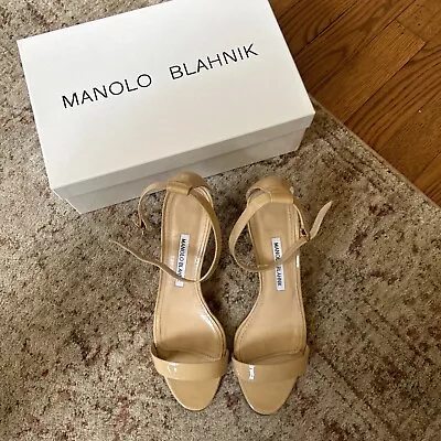 Manolo Blahnik Chaos Nude Patent Leather Heeled Sandal Size 38.5/ 8.5 • $175