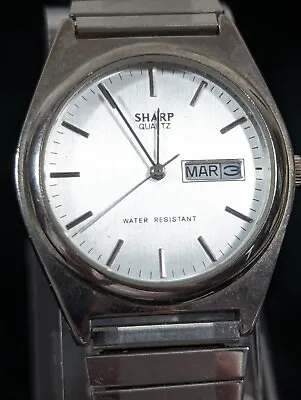 Sharp Mens Day Date Silver Tone Round Case Stainless Stretch Band Watch 7 Inch • $20.99