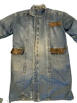 Heavy Denim Rancher Trench Coat Duster Long Jean Jacket Down Lined XL Vintage • $24