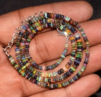 Natural Ethiopian Welo Fire Black Opal Beads Necklace 925 Silver 18'' Gemstone • $17.99