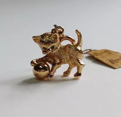 New Vintage Monet 1960s Kitty Cat Pet Gold Tone Green Eyes Charm • $35