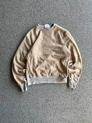 Vintage 90s Champion Reverse Weave Crewneck Sweatshirt Embroidered Beige Size S • $55