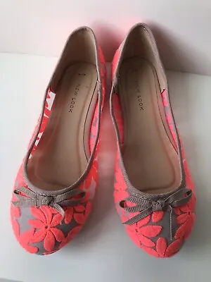 £9.99 • Buy New New Look Coral Pink & Tan Lace Ballet Pumps Size 4 / 37 , Pink Floral Shoes