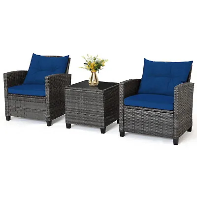 3Pcs Outdoor Conversation Set Garden Furniture Patio Rattan Sofa Table Set Blue • £169.95