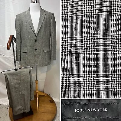 Jones NY Black White Houndstooth Plaid 46R Blazer 38x30 Pants Linen Blend Suit • $99