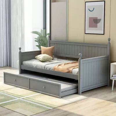 Platform Bed Twin Size Bed Frame Wood Daybed With Twin Size Trundle For Bedroom • $255.49