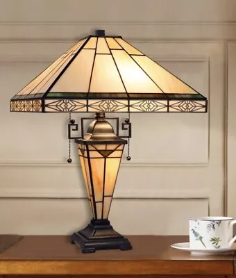 22.7” Tiffany Style Mission Stained Glass Double Lit Table Accent Reading Lamp • $199.90