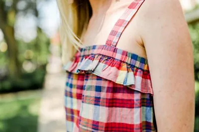 New J Crew Madras Plaid Tank Top Ruffle Babydoll Blouse Pockets Pink Blue 12 • $30.88