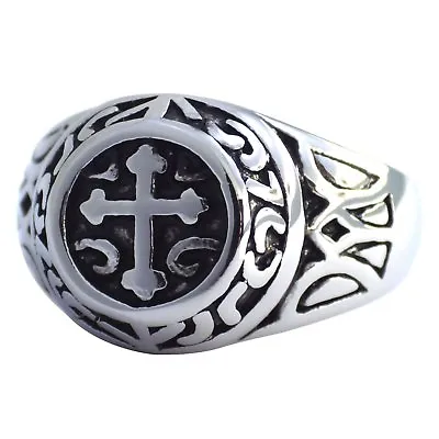 Mens Cross Knights Signet Ring Stainless Steel Band Size 8-13 Religious Jewelry • $17.99