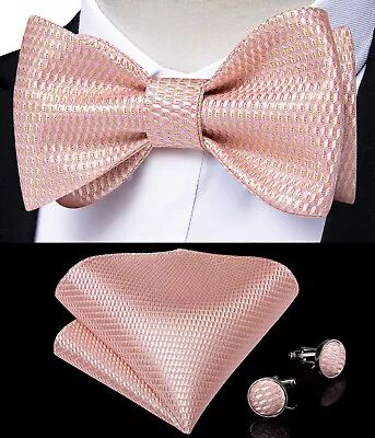 Mens Silk Bowtie Adjustable Pink Solid Self Bow Tie Cufflink Pocket Square Set • $10.39