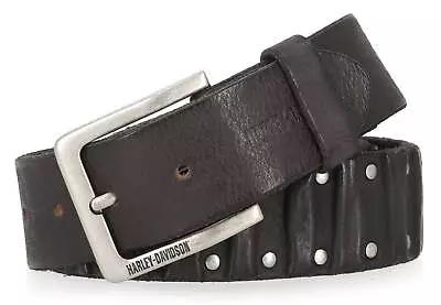 Harley-Davidson Men's Ribbed & Studded Detail Genuine Leather Belt - Black • $79.95