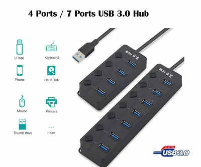 $16.25 • Buy 4/7 Port USB 3.0 Hub (5Gbps) High Speed On/Off Switches Adapter For PC Laptop