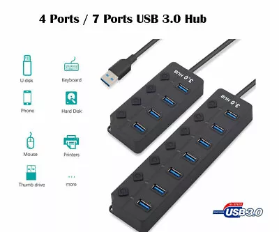 4/7 Port USB 3.0 Hub (5Gbps) High Speed On/Off Switches Adapter For PC Laptop • $17.99