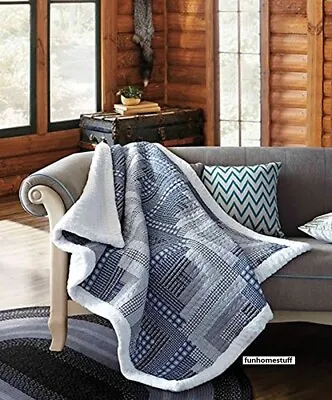 BLUE GRAY MONTANA CABIN PATCHWORK QUILTED SHERPA SOFT THROW BLANKET 50x60 INCH • $39.95
