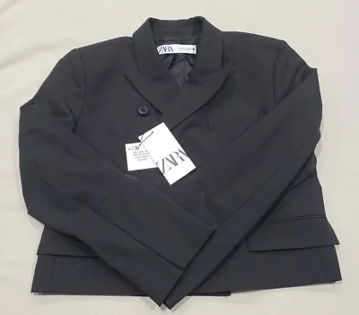 Zara Womens Black Cropped Button Up Blazer W/Shoulder Pads - Size Medium • $41.25