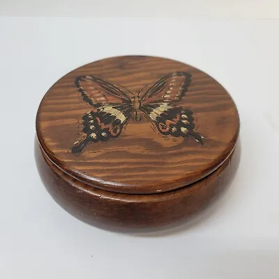 Vintage Round Wooden Monarch Butterfly Jewelry Trinket Powder Stash Box Folkart  • $15.95