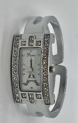 PARIS Ladies Watch New Battery Hinged Silver Cuff Fits 6-1/2” Gemmed Rectangular • $6.90