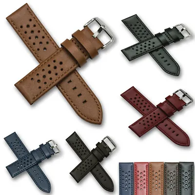 Mens Rally Racing Sports Genuine Calf Leather Perforated Watch Strap Band Tan • £8.95