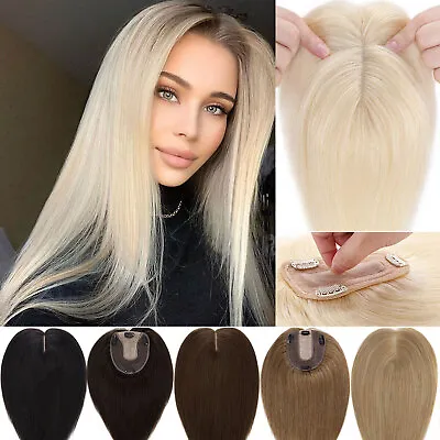 Natural 100% REMY Human Hair Topper Clip Hairpiece Silk Base Top Toupee Wig 8*10 • £74.87