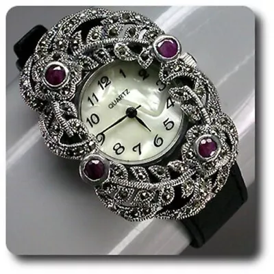 Watch Ruby & Marcasite Leather Strap • $668.34