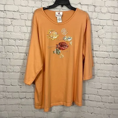 Quacker Factory Womens Shirt 3X Orange Sequin Fish Print Round Neck Stretch Top • $24.88