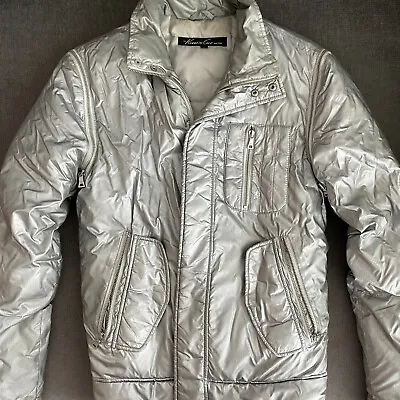 Kenneth Cole Men's Silver Puffer  Spaceman  Jacket Down Removable Sleeves Good • $145.24