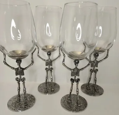 Set Of 4 Silver Metal Halloween Skeleton Hand Holding Wine Glass Goth New • $90