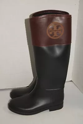 Tory Burch Diana Knee High Rubber Waterproof Rain Boots Leather Top Size 7 • $79.99